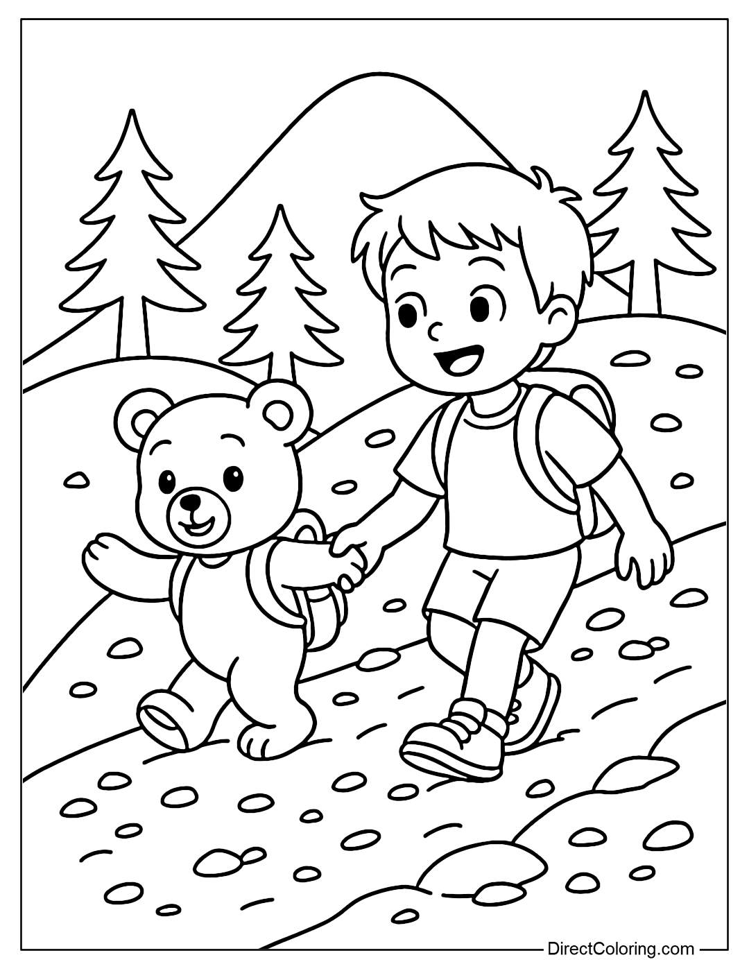 A coloring page of a little bear carrying a backpack and climbing a mountain with a child, the background is a simple round hill and a few pine trees.